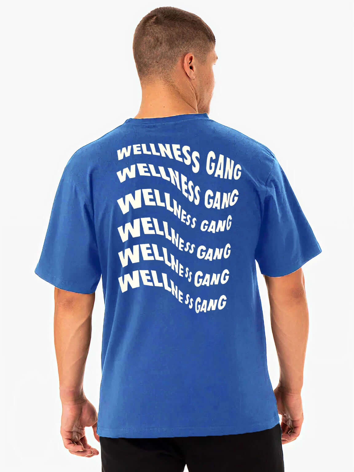 Blue men's Wellness Gang t-shirt made of 100% cotton, showcasing playful graphic design on the back.