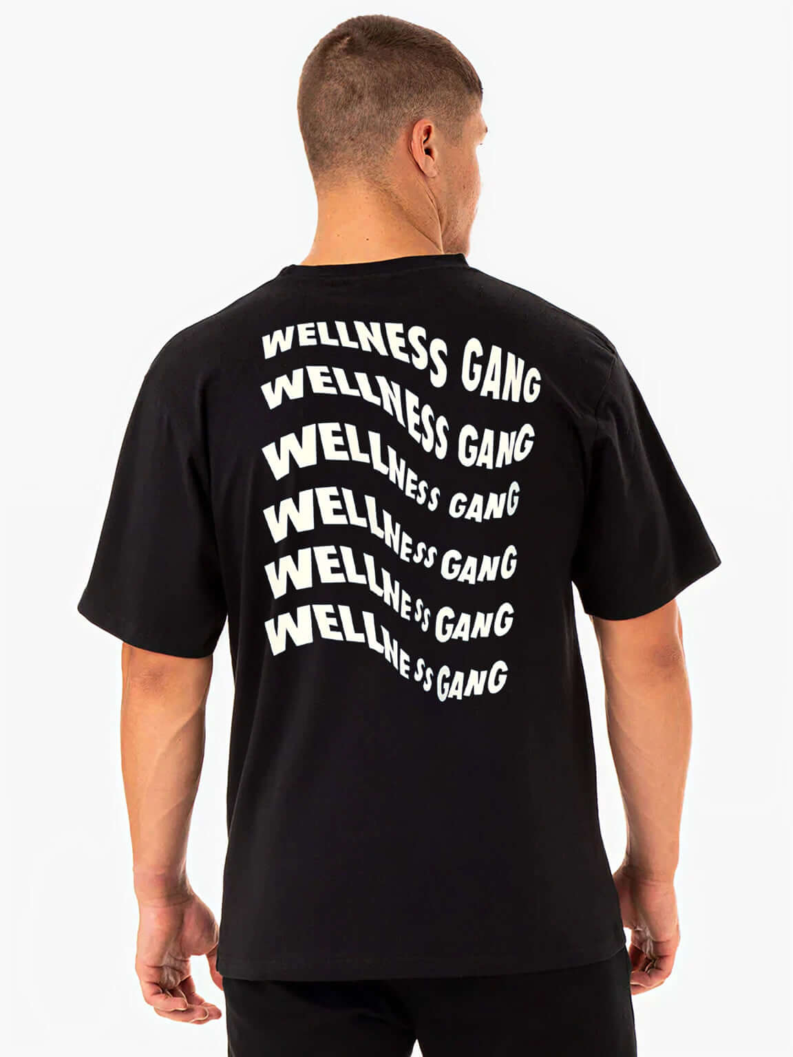Men's Wellness Gang T-Shirt in black, showcasing playful graphic on back. 100% soft cotton for ultimate comfort.