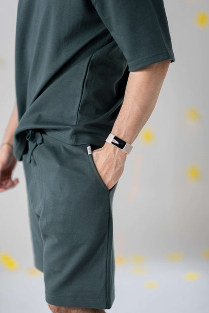 Model wearing COZY Shorts V2 in relaxed fit organic cotton for casual comfort.