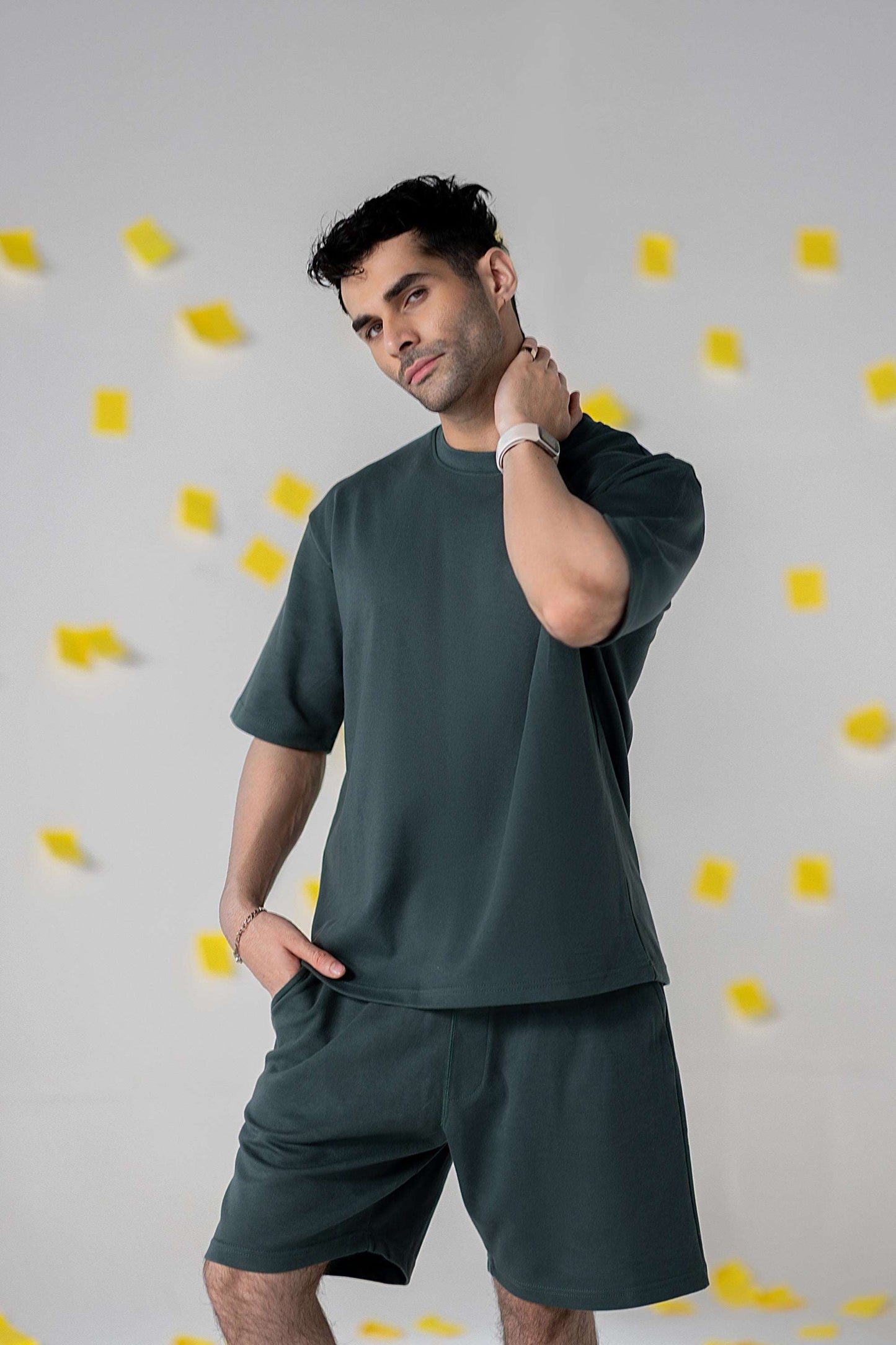 COZY Shorts V2 model wearing relaxed fit organic cotton shorts with COZYFlex Knit fabric.