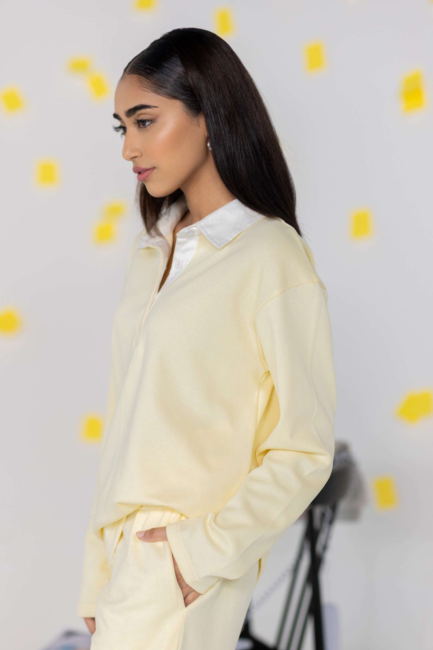 COZY Ladies Rugby Polo in soft yellow with relaxed fit and classic collar, perfect for fall layering.
