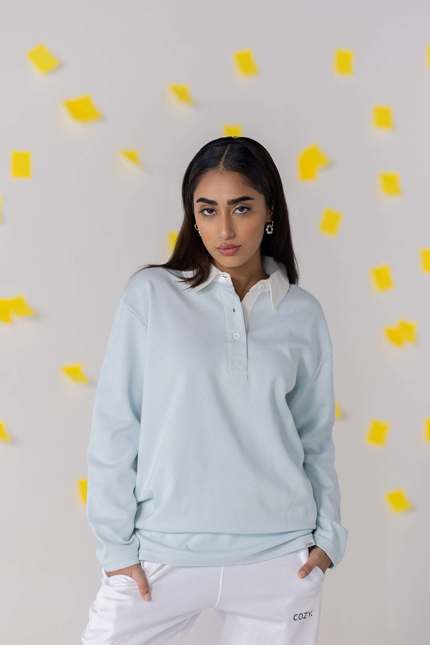 COZY Ladies Rugby Polo in light blue with relaxed fit, perfect for fall and made from organic cotton.