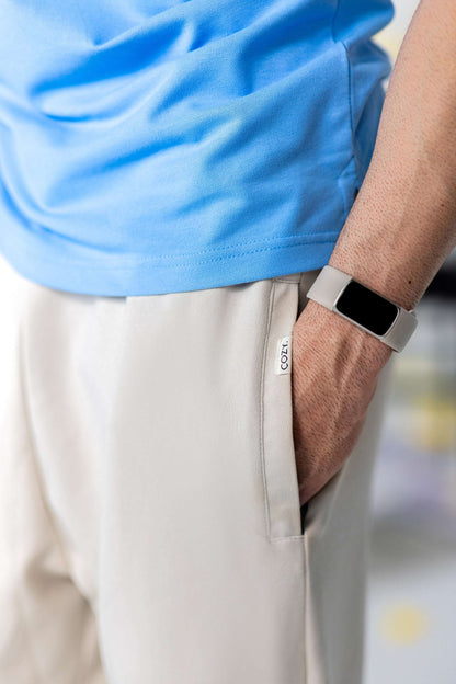 COZY Men's Classic Fit Pants displayed in a close-up, highlighting its soft breathable fabric and classic tailored fit.