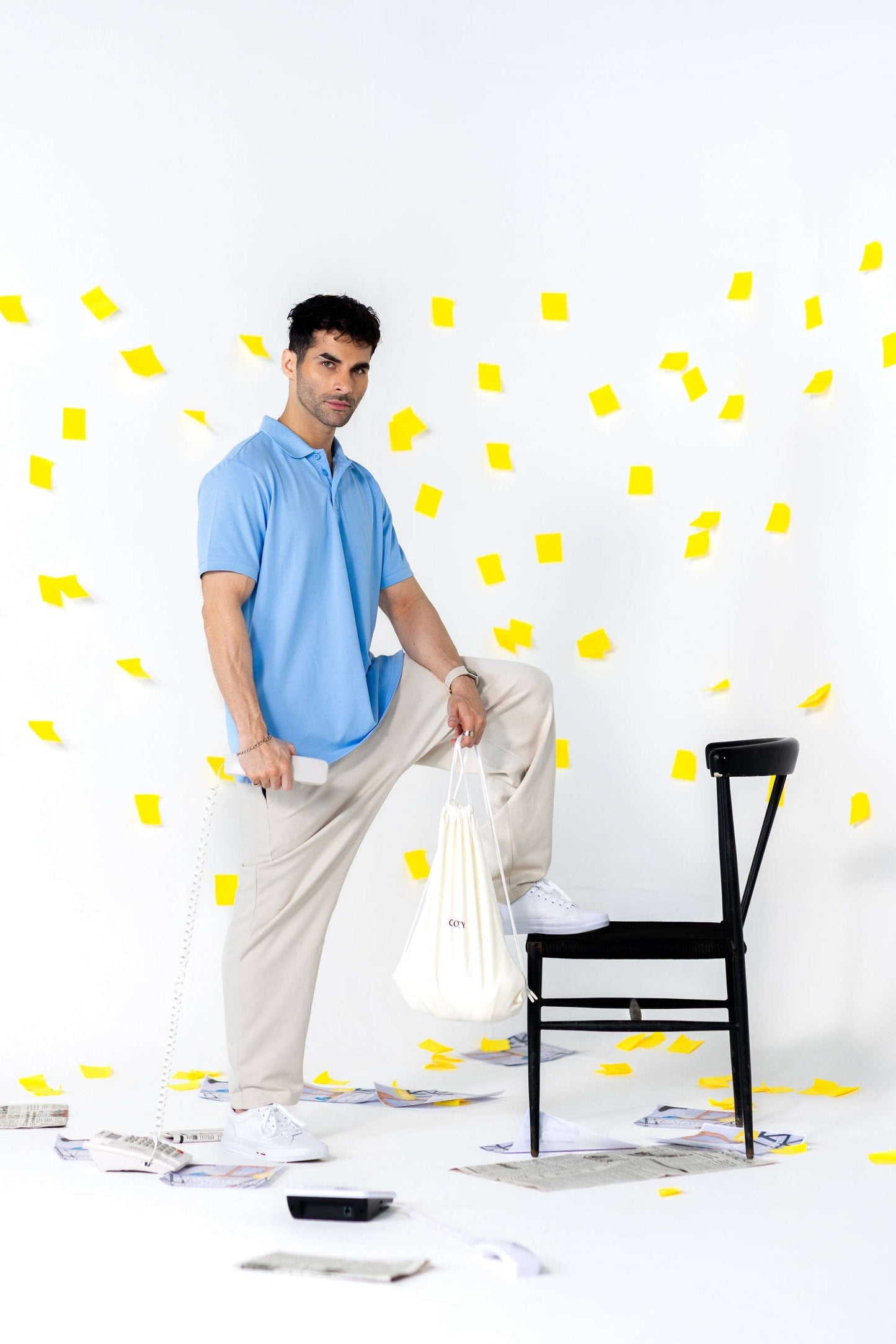 COZY Men's Classic Fit Pants styled with a blue shirt, showcasing soft breathable fabric against a vibrant backdrop.
