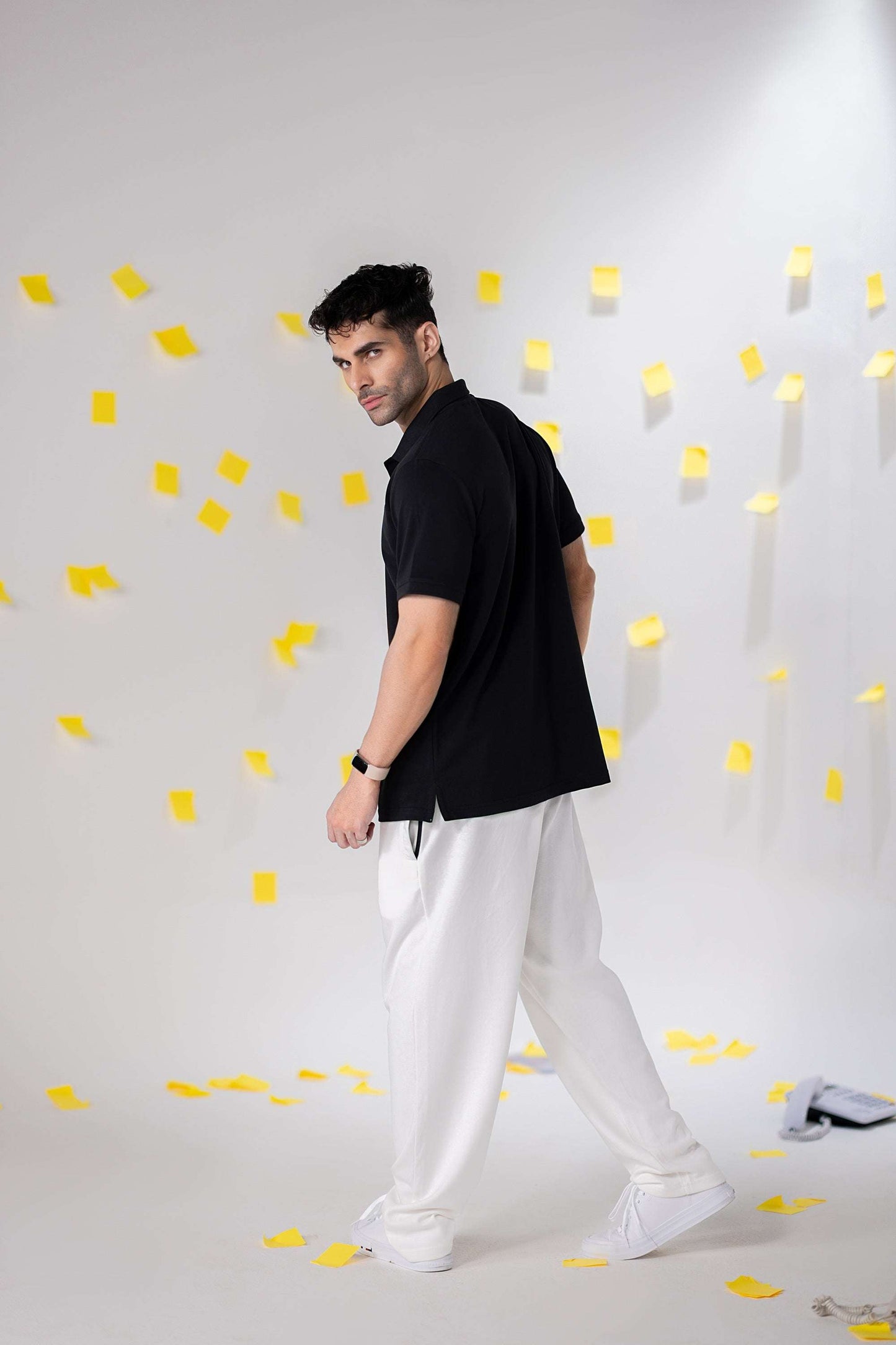 COZY Men's Classic Fit Pants worn by a man in a black shirt, featuring a soft breathable cotton blend.