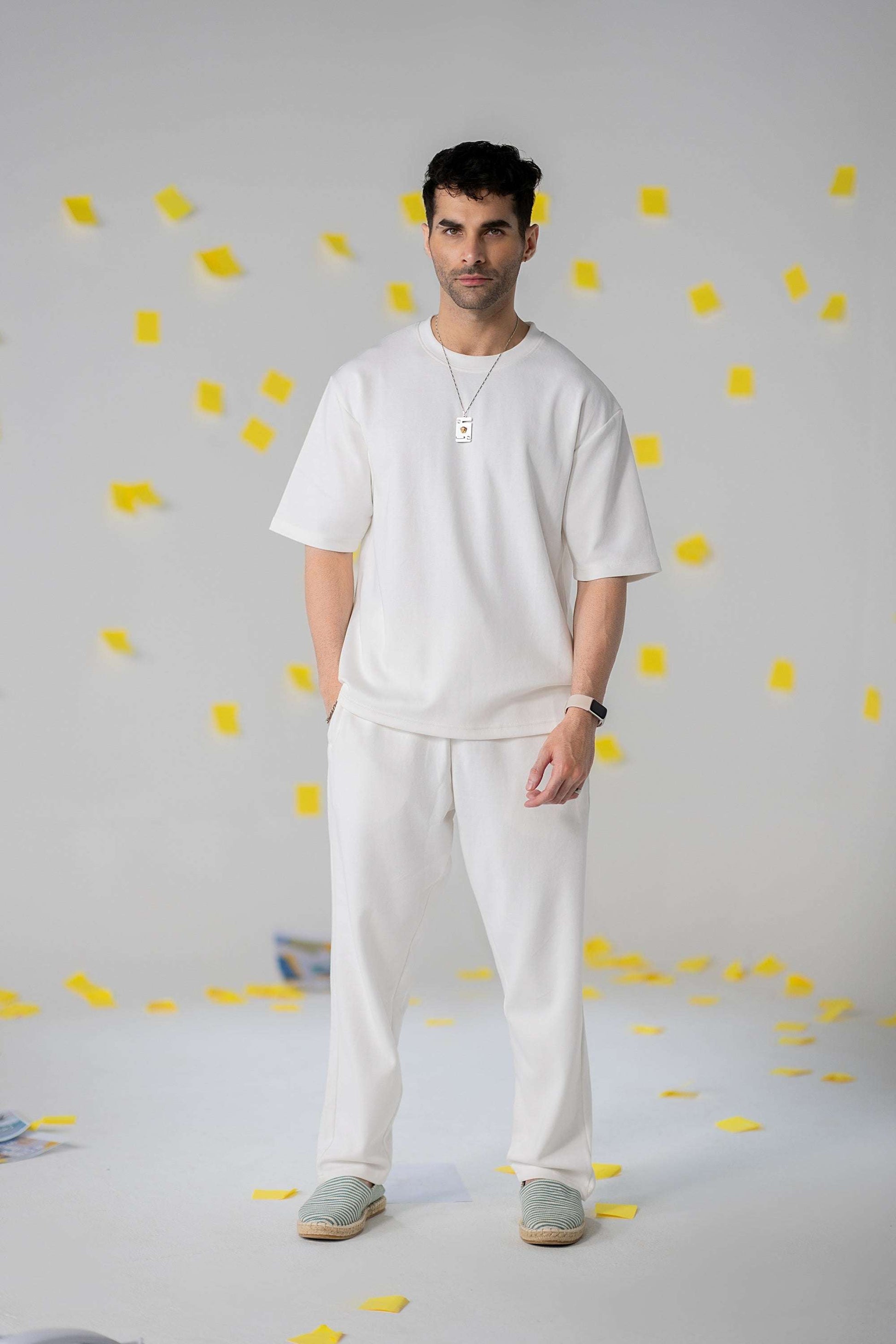 COZY Men's Classic Fit Pants worn by a model, showcasing soft breathable organic cotton, polyester, spandex blend comfort.