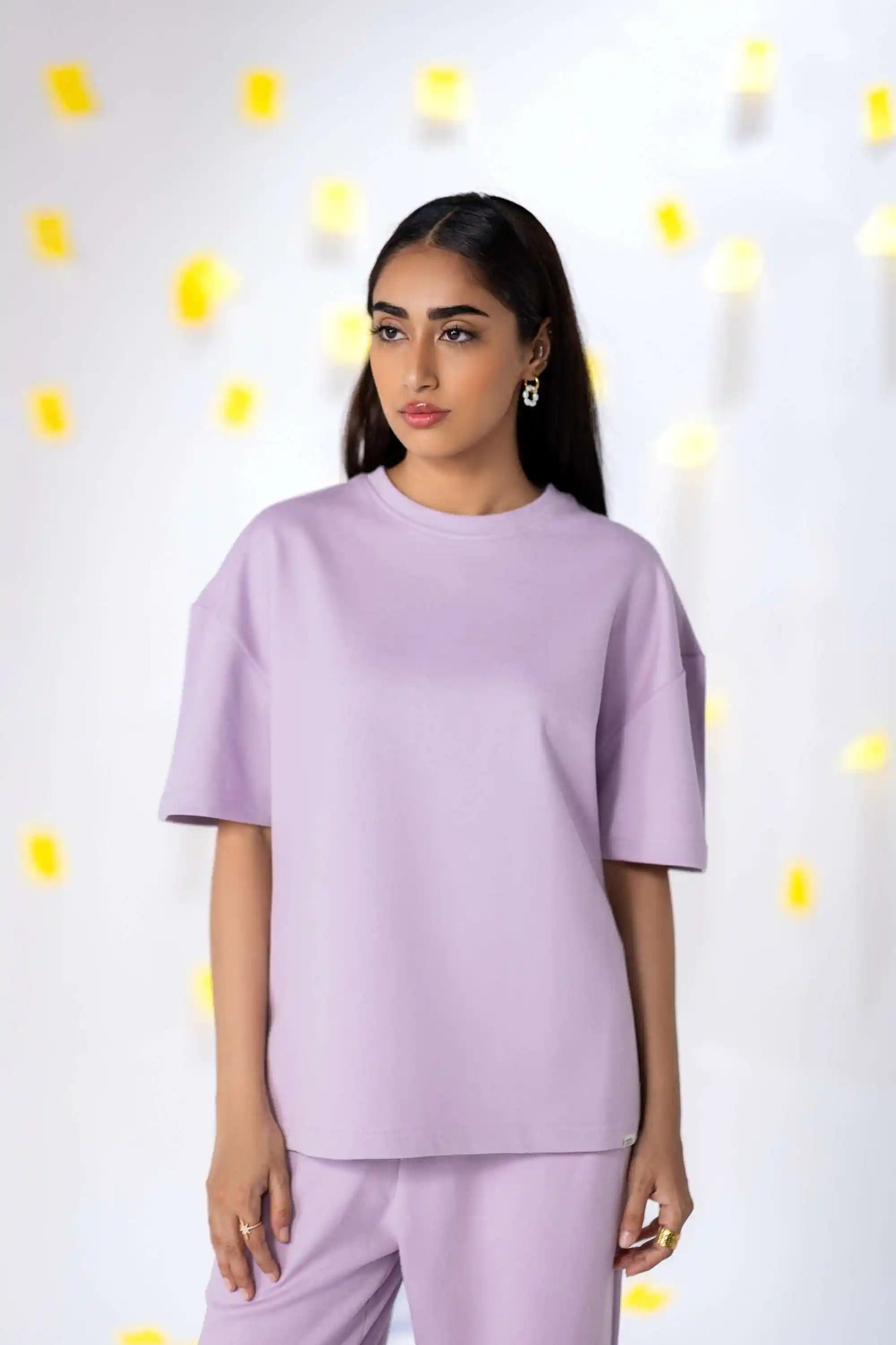 COZY Ladies oversized tee and pants co-ord set V2 in COZY Cotton, close-up front pose