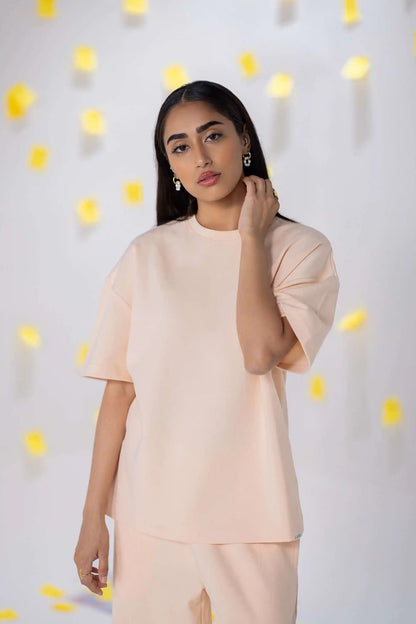 COZY Ladies oversized tee and pants co-ord set V2 in COZY Cotton, close-up front pose