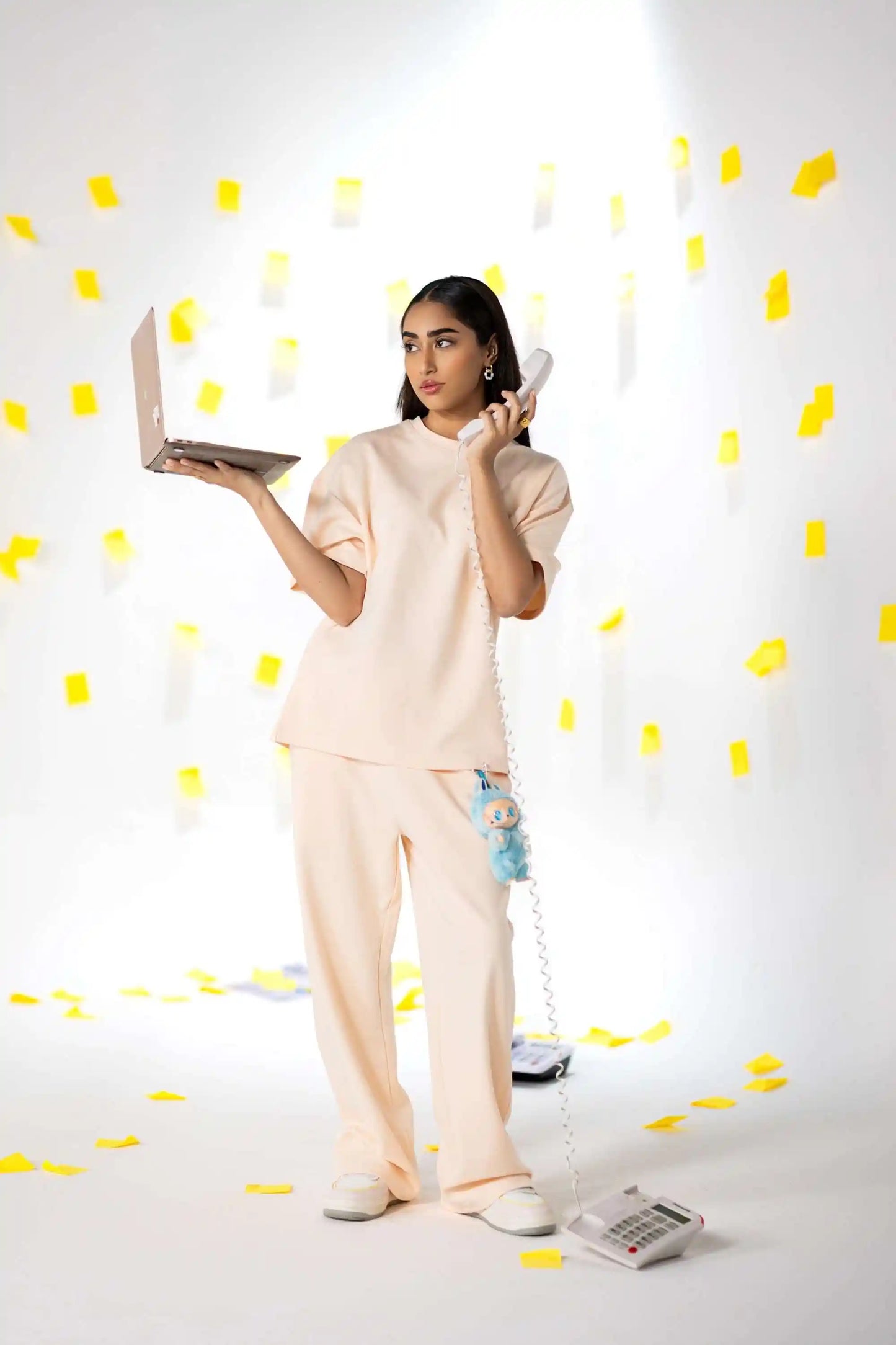 COZY Ladies oversized tee and pants co-ord set V2 in COZY Cotton, model with laptop and phone