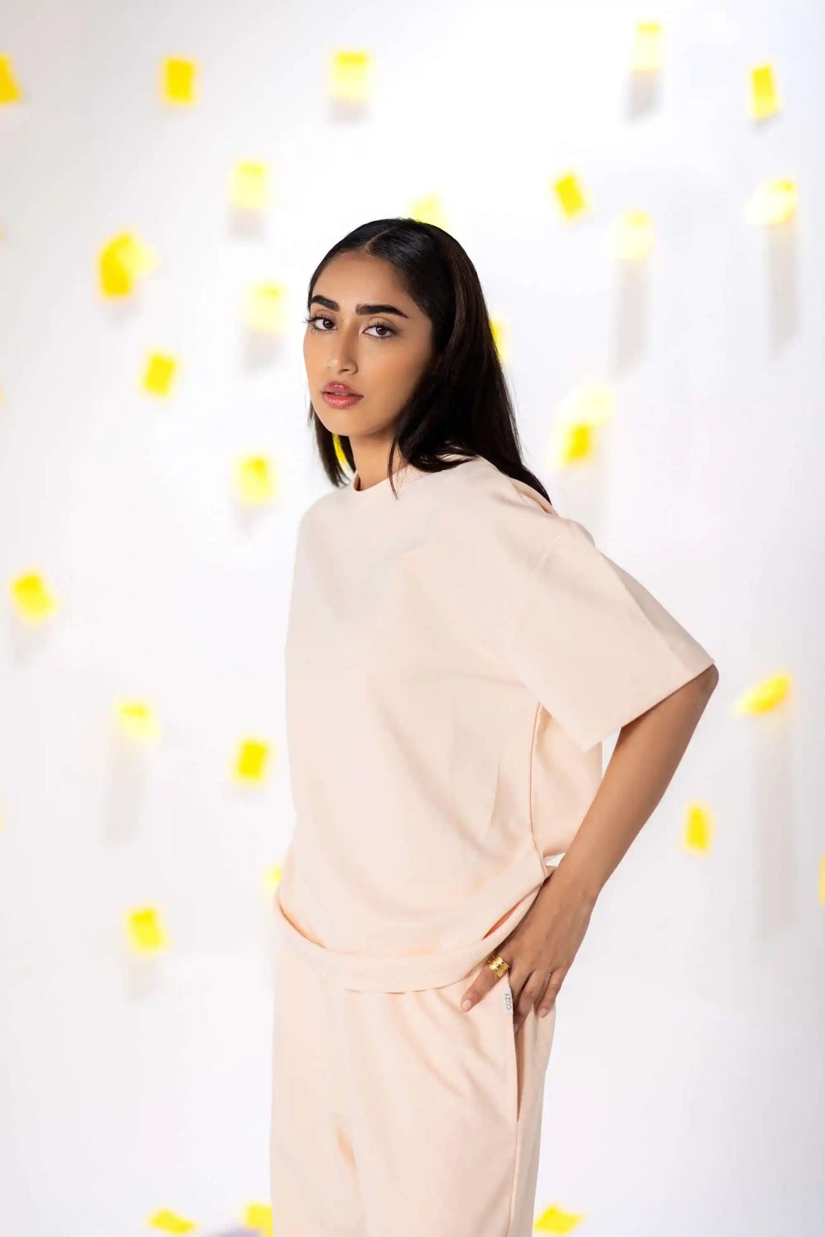 COZY Ladies oversized tee and pants co-ord set V2 in COZY Cotton, side stance pose