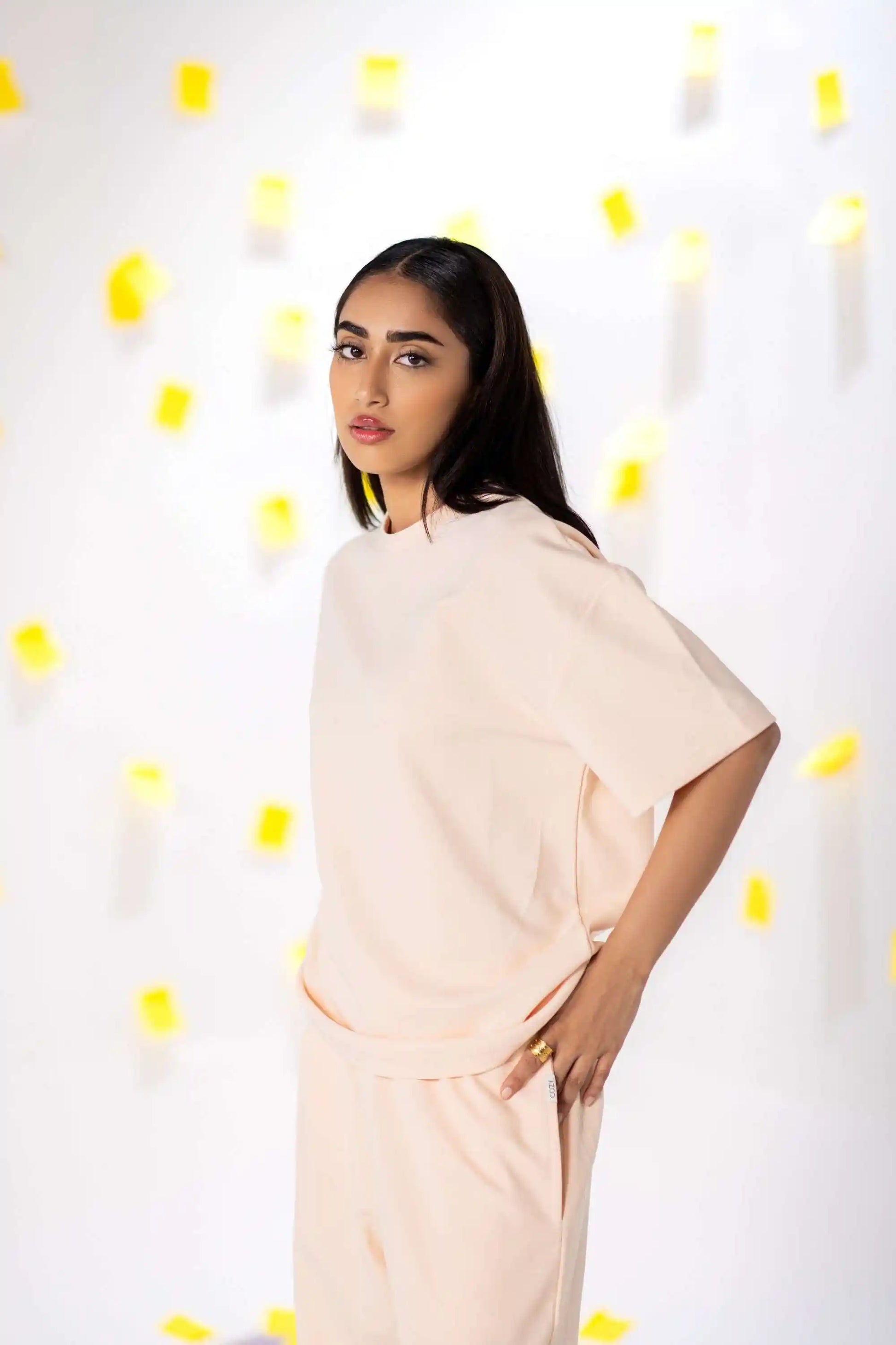 COZY Ladies oversized tee and pants co-ord set V2 in COZY Cotton, side stance pose