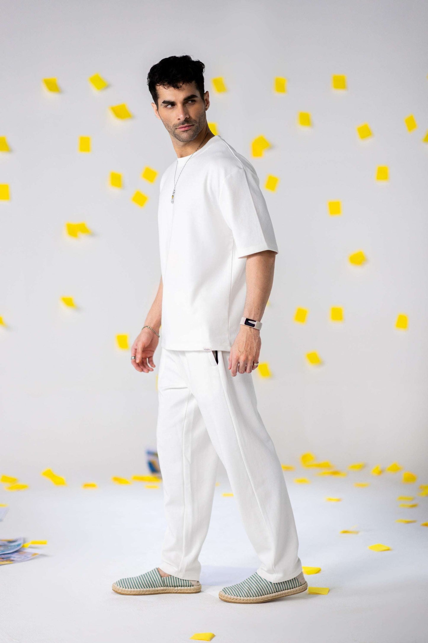 COZY Men's Classic Fit Pants styled with a casual white top, featuring a soft breathable fabric blend and classic fit.